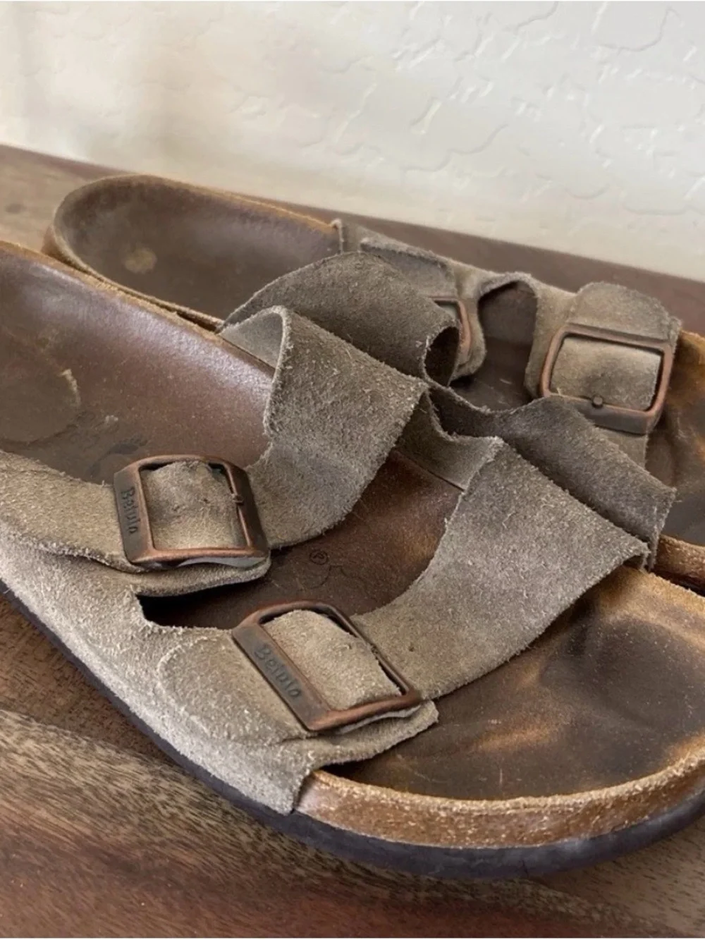 The Birkenstock Betula Taupe Suede Leather Soft Footbed in size 40 (US 9.5)